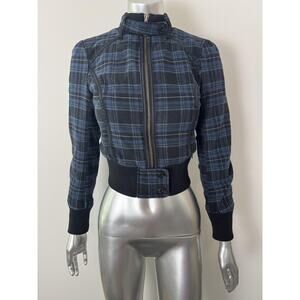 Y2K Guess Jeans Jacket Cropped Plaid Stretch Bomber Moto Retro Vintage